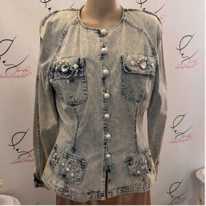 IIF Vintage Acid Wash Jacket Top. Size 8. USA Designer Embellished, Fitted. DD